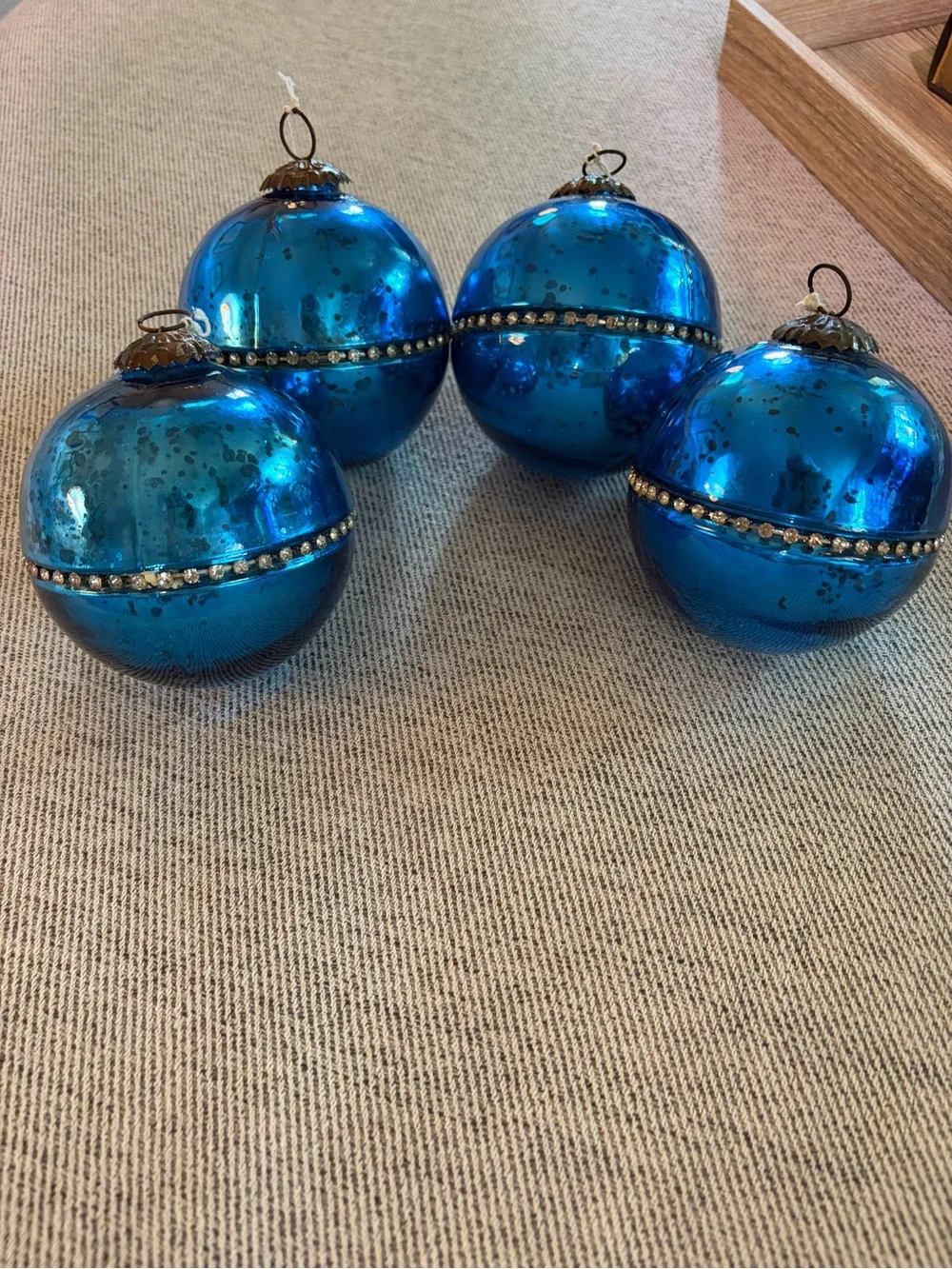 Vtg Blue mercury Glass Holiday Ornaments with Rhinestone Trim